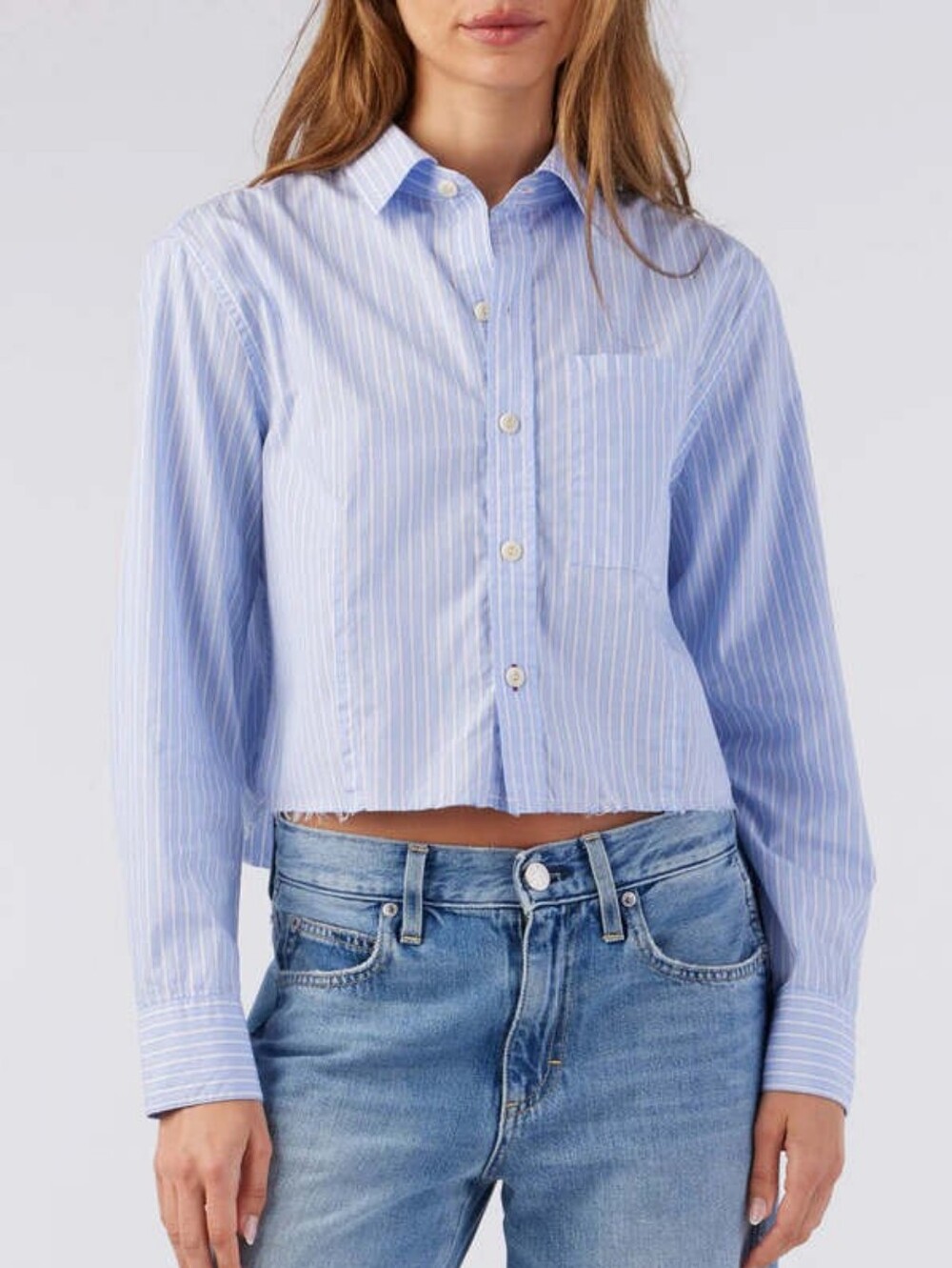 Amo Selma Shirt Cropped Blue Pinstripe Button-Up Shirt Size Small